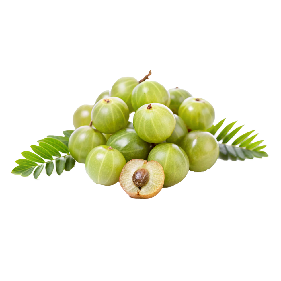 Fresh Green Amla Fruits with Leaves Closeup Image png