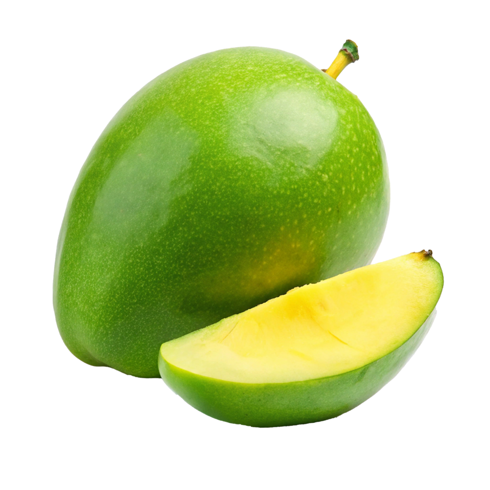 A whole green mango and a slice of mango showing the yellow flesh png