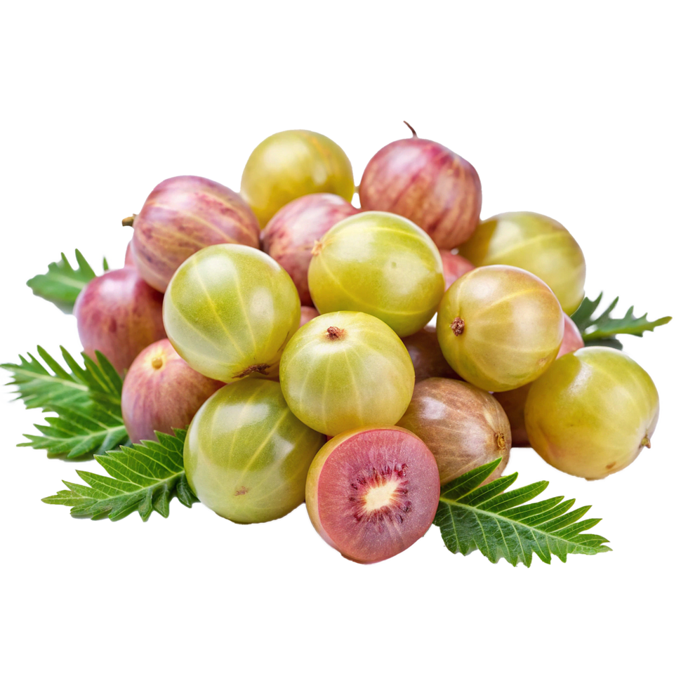 A vibrant collection of ripe gooseberries showcasing a delightful mix of green and red hues, nestled amongst lush green leaves png