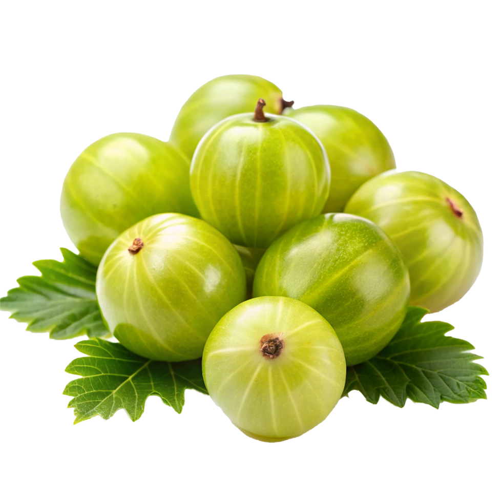 A Closeup of Fresh Green Gooseberries on Green Leaves png