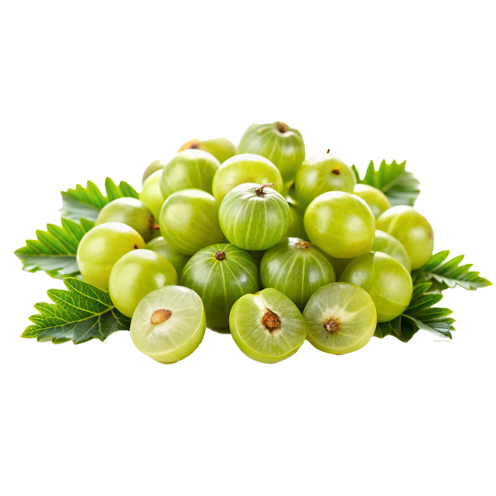 A Closeup View of Fresh Green Amla Fruits with Lush Green Leaves png