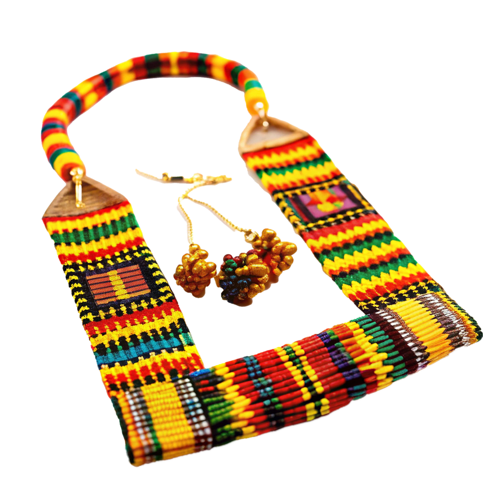 Vibrant African Beaded Necklace and Earrings Set in Red Yellow Green and Gold png