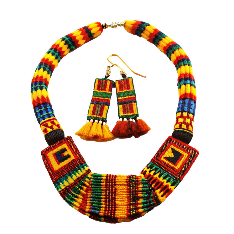 Vibrant African Handmade Beaded Necklace and Earring Set with Geometric Patterns png