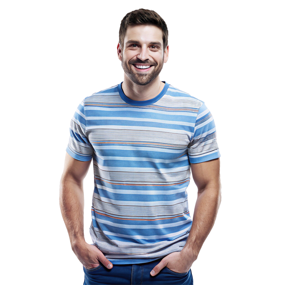 Happy Handsome Man in Blue Striped Shirt Smiling for Photo png