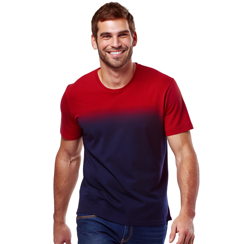 Handsome Man Smiling Wearing a Red and Navy Ombre TShirt and Blue Jeans png