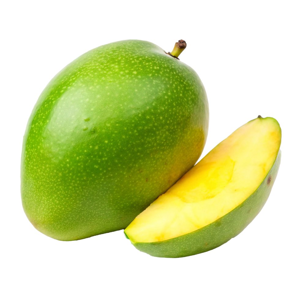 A vibrant green mango and a juicy yellow slice, showcasing the fresh and delicious tropical fruit png