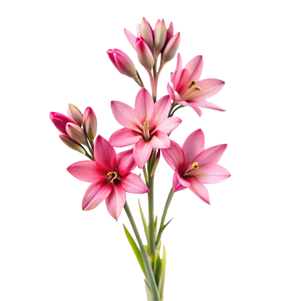 Closeup of a bouquet of delicate pink Ixia flowers with slender green stems against a soft pink and white background png