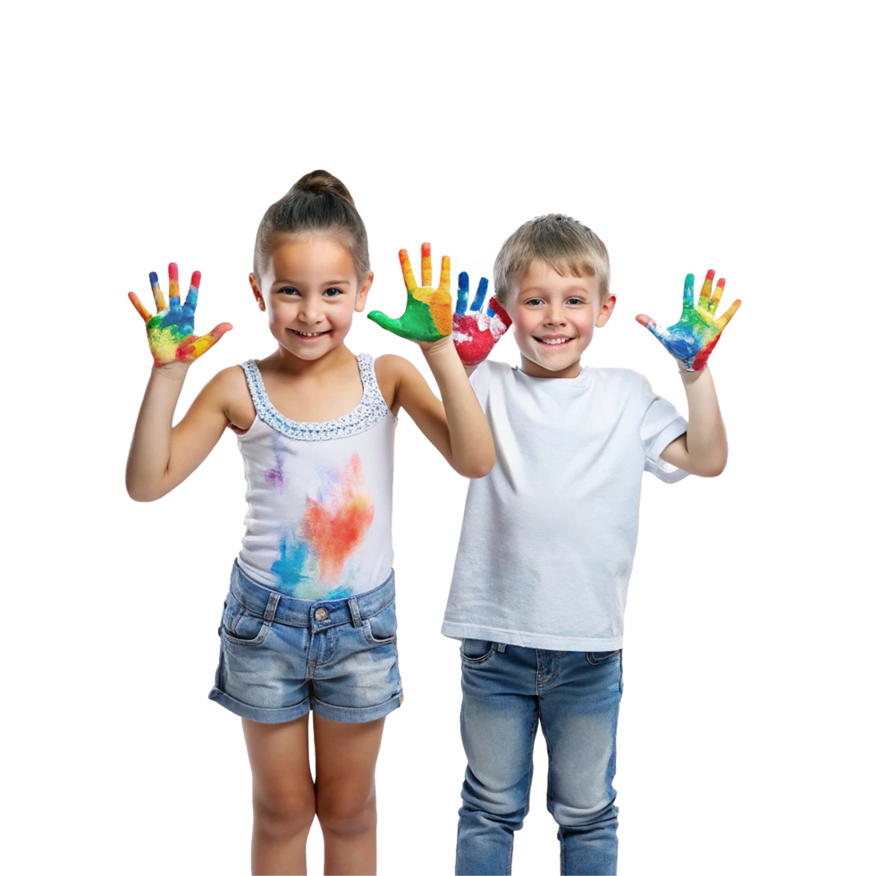 Two adorable children with colorful handprints showing off their creativity and playful nature png