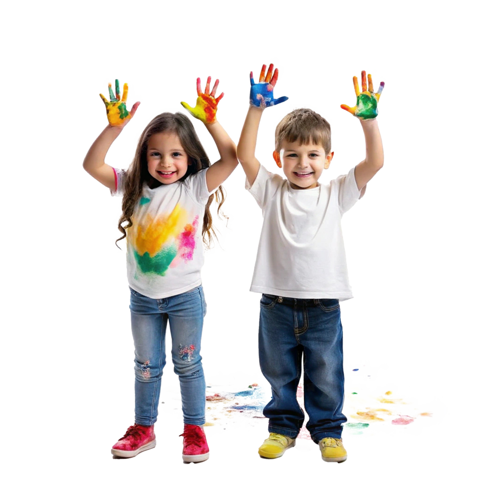Two Adorable Children with Paint on Their Hands and Clothes Having Fun Playing png