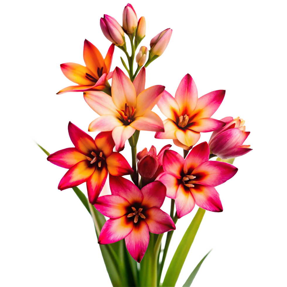 Closeup of a Bouquet of Vibrant Pink and Orange Flowers with Green Stems png