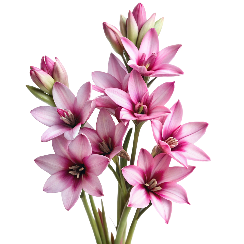 Closeup of a Bouquet of Delicate Pink Flowers with Soft Petals and Green Stems png