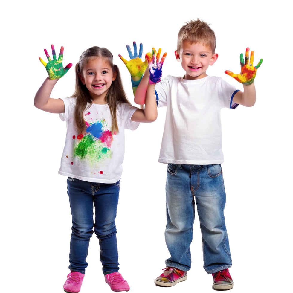 Two adorable children with colorful handprints showing off their creative artwork png