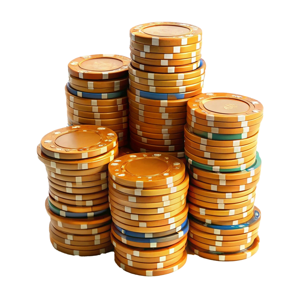 A large stack of golden casino poker chips displayed in a pile png