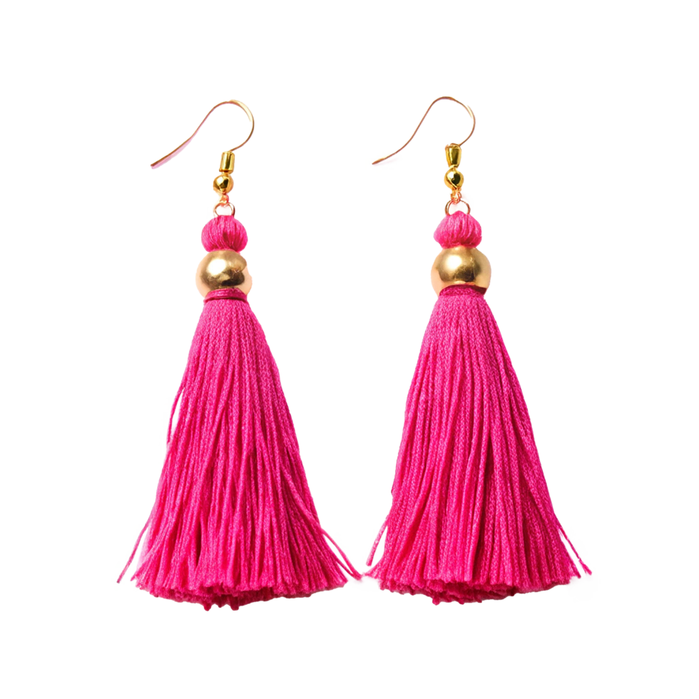 Stunning Pair of Hot Pink Tassel Earrings with Gold Accents png