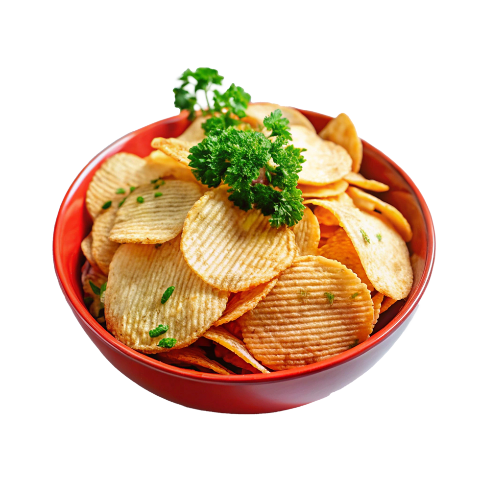 A Red Bowl of Crispy Potato Chips with Fresh Parsley Garnish png