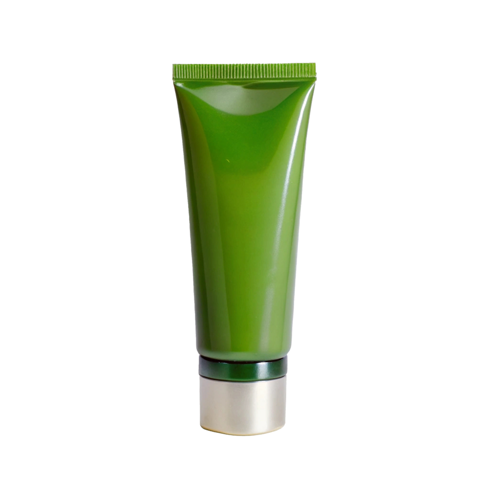 Green cosmetic tube with silver cap on white background product shot for packaging design png