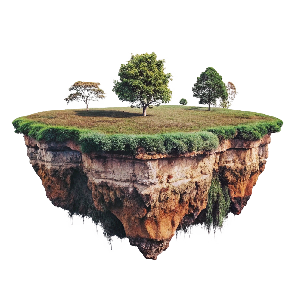 A surreal floating island with lush green grass and several trees png