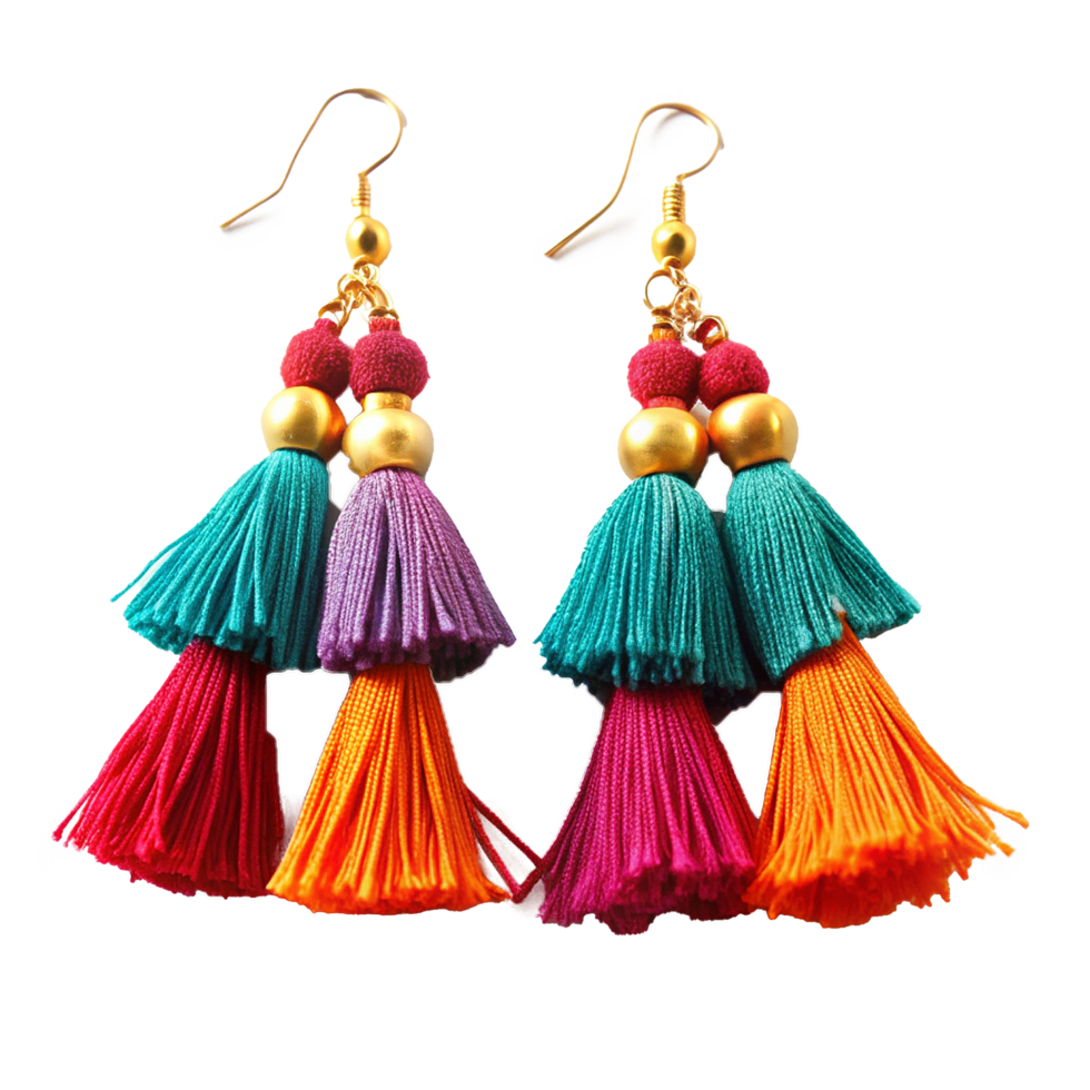 Stunning Multicolored Tassel Earrings with Gold Accents png