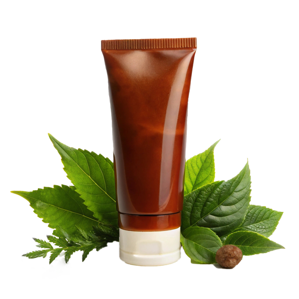 Brown Tube of Natural Cream or Lotion Surrounded by Lush Green Leaves png