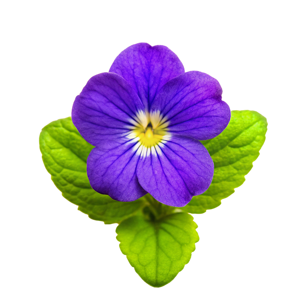 Closeup of a vibrant purple flower with bright yellow and white center surrounded by lush green leaves png
