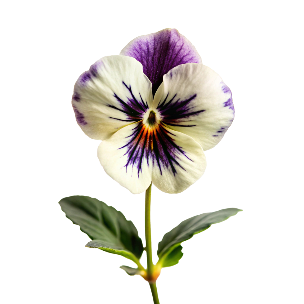 Closeup of a Delicate White and Purple Pansy Flower with Green Leaves png