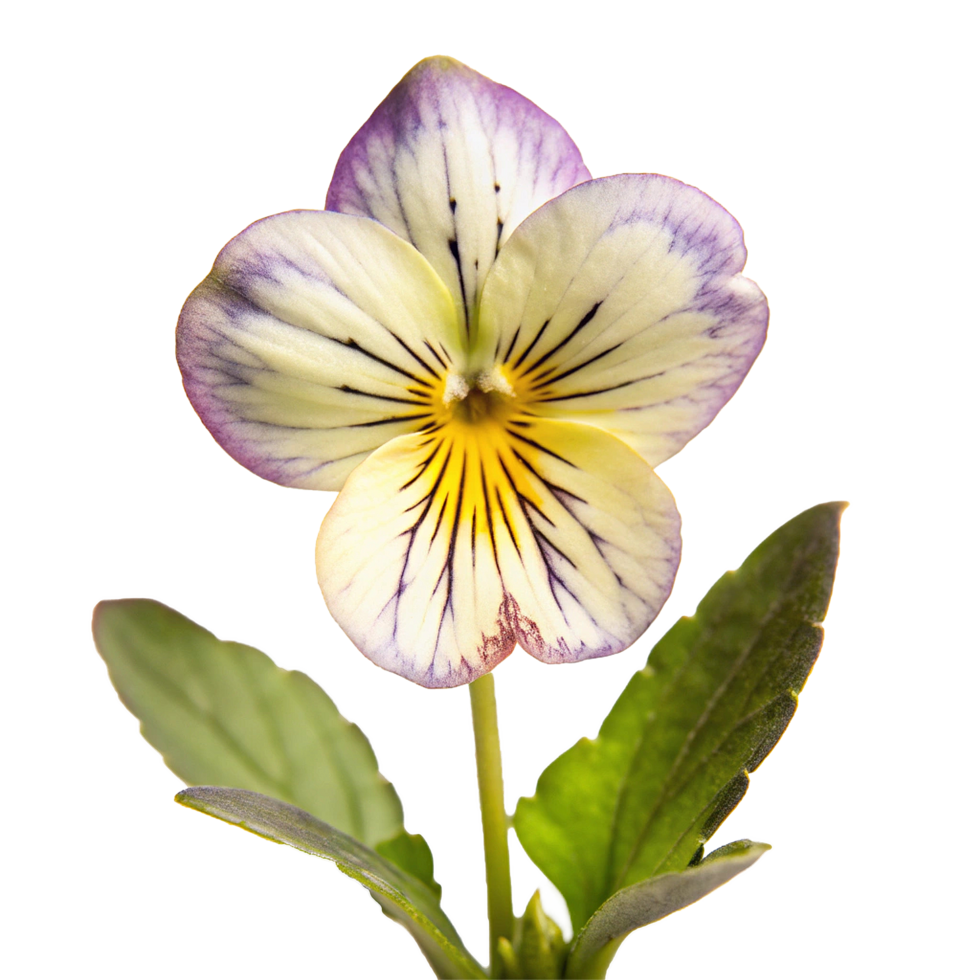 Closeup of a Delicate Pansy Blossom with Yellow and Purple Hues and Vibrant Green Leaves png