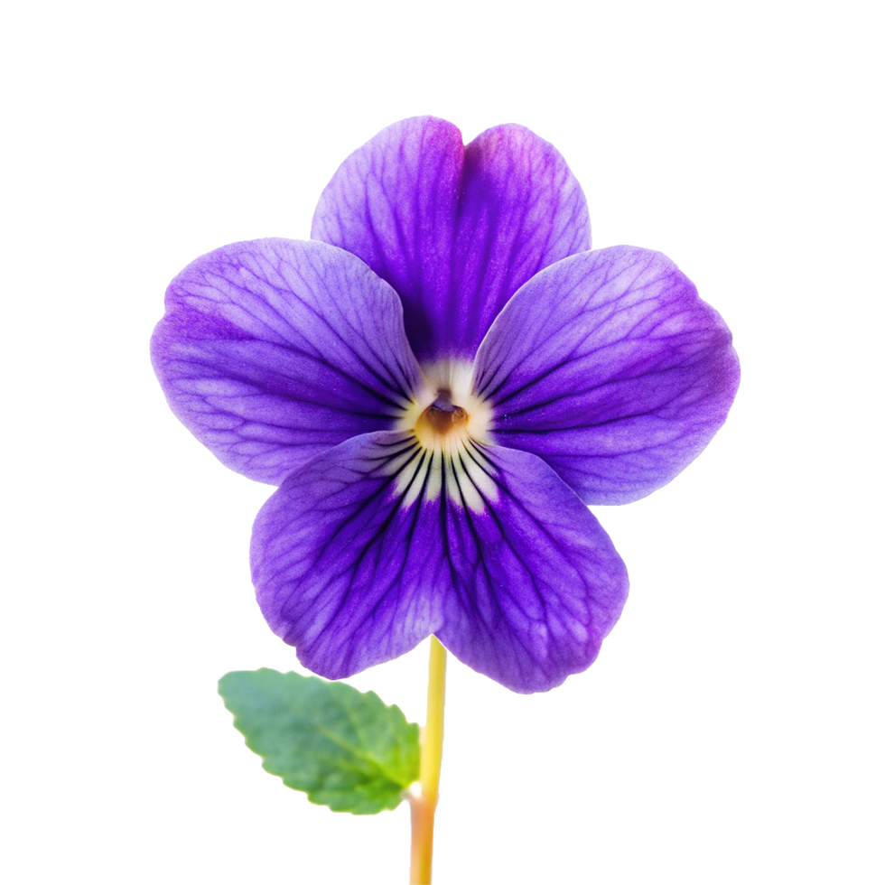 Closeup of a Vibrant Purple Pansy Flower with Green Leaf and Stem png
