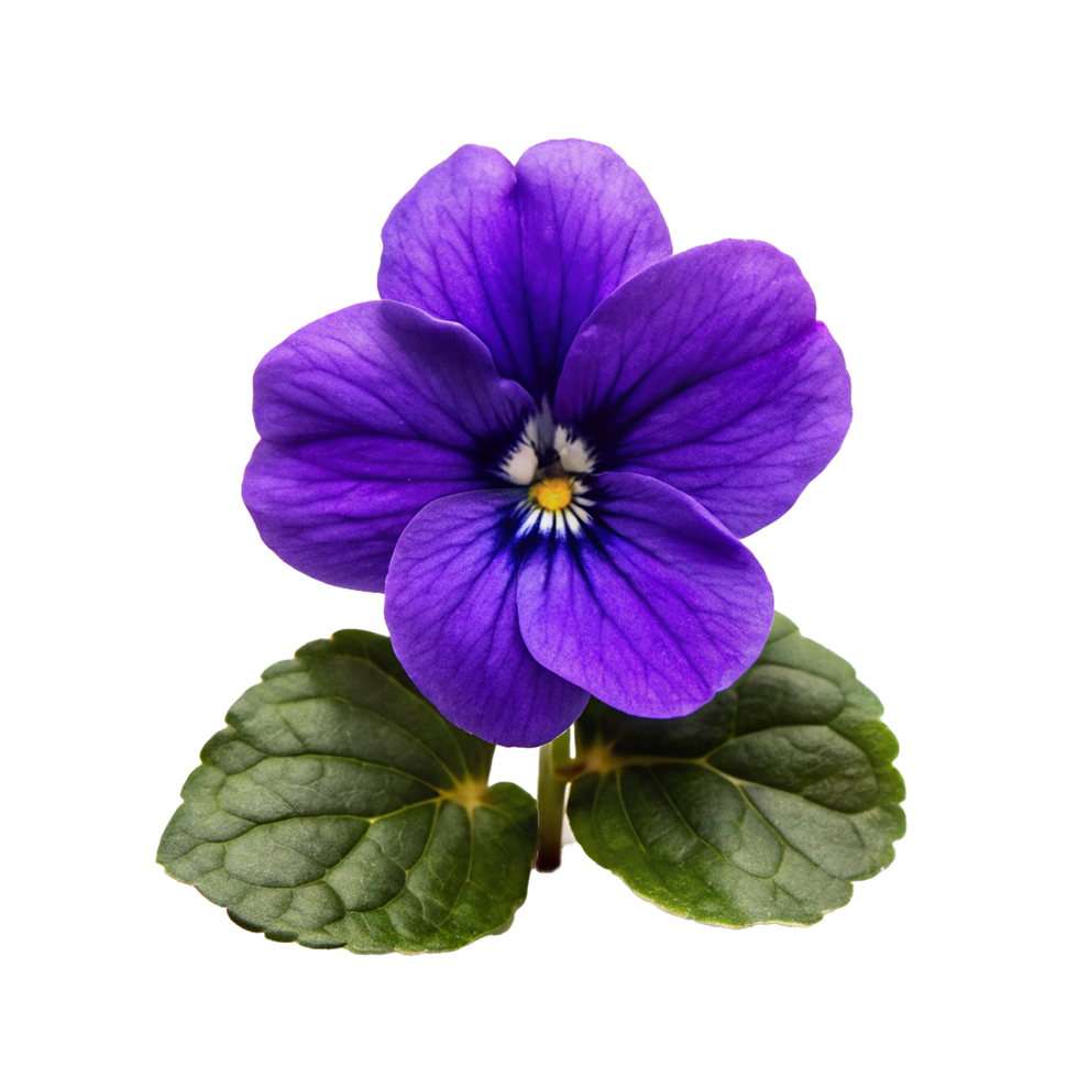 Closeup of a vibrant purple pansy flower with its heartshaped green leaves against a soft white background png