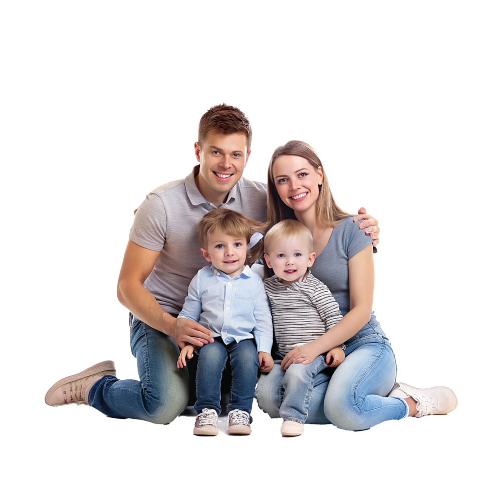 Happy Family Portrait Parents and Two Young Children Sitting Together png
