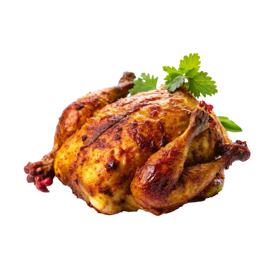 Delicious Roasted Chicken with Crispy Skin and Herb Garnish A Perfect Main Course for Any Occasion png