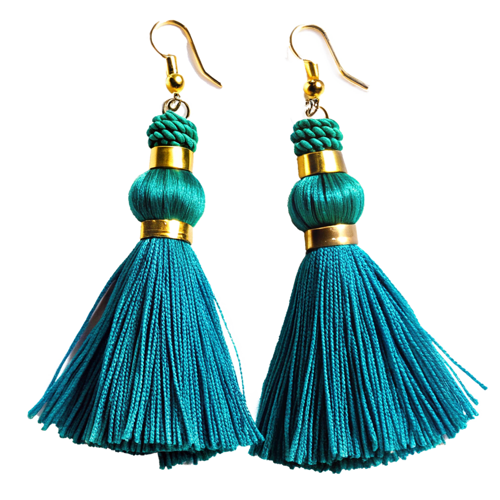 Elegant Teal Silk Tassel Earrings with Gold Accents Bohemian Style Jewelry png