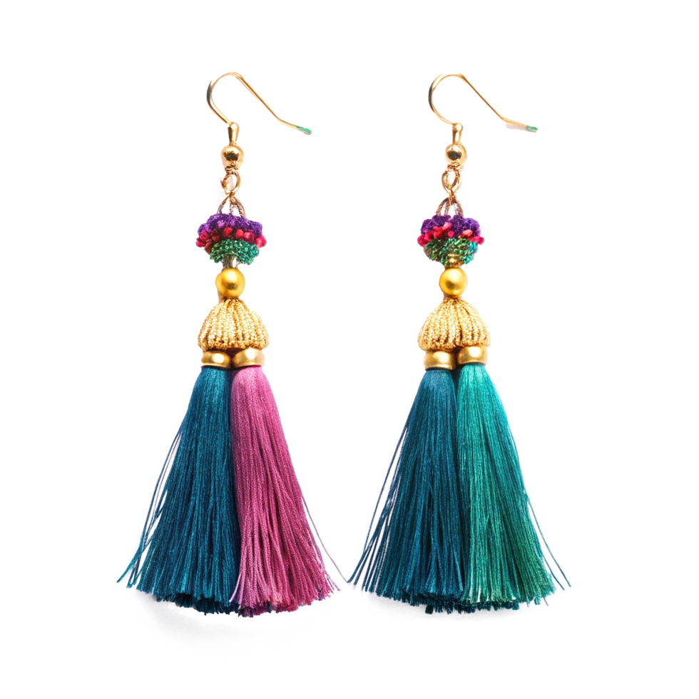 Stunning Teal and Pink Double Tassel Earrings with Gold Accents png