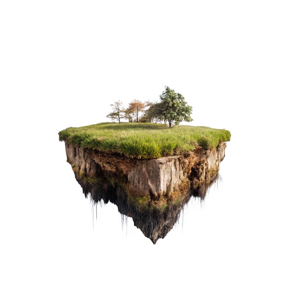 Floating Island with Lush Green Grass and Trees Reflected in Still Water a Surreal Landscape Image png