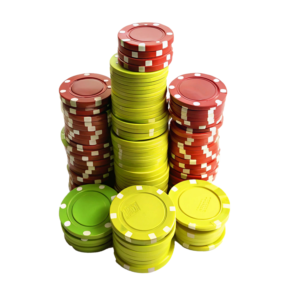 Stacks of Red and Green Casino Poker Chips on White Background png
