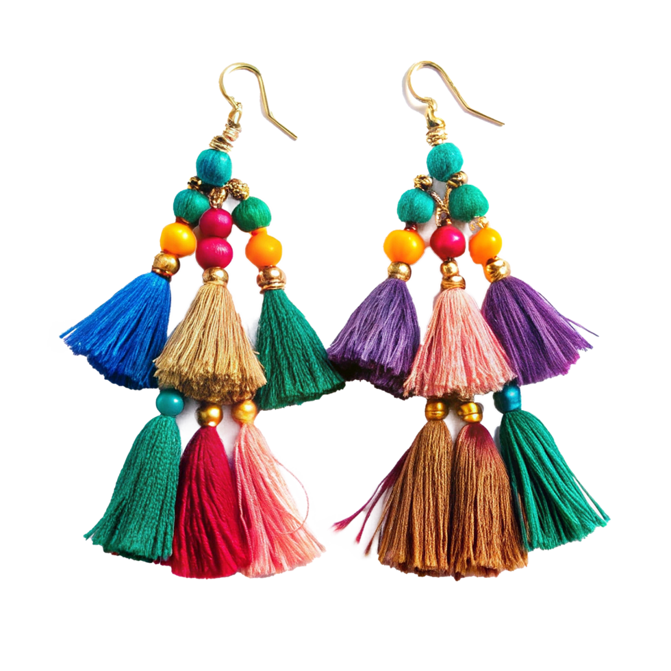 Bohemian Multicolored Tassel Earrings with Wooden Beads and Gold Accents png