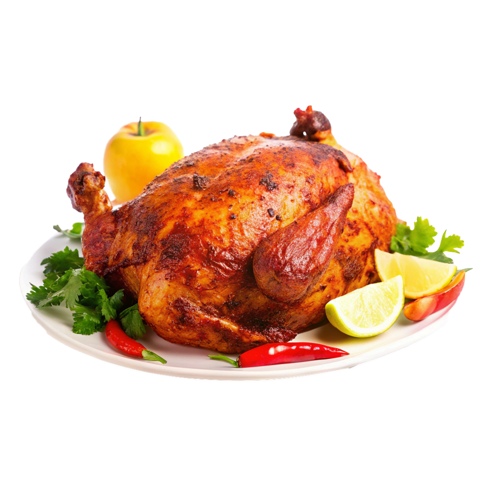 Delicious Roasted Chicken with Lemon and Chili Garnish A culinary masterpiece png