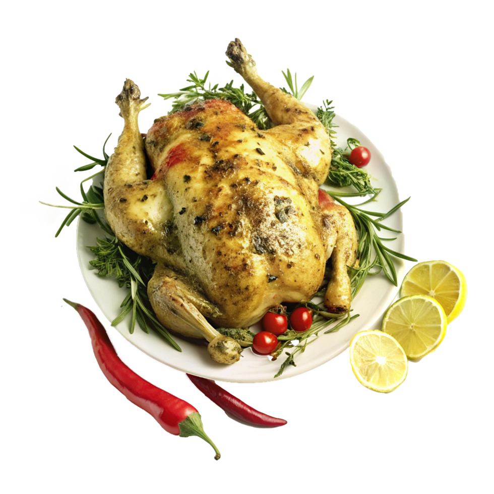 Roasted Herb Chicken with Lemon and Chili Garnish A Delicious and Aromatic Dish png