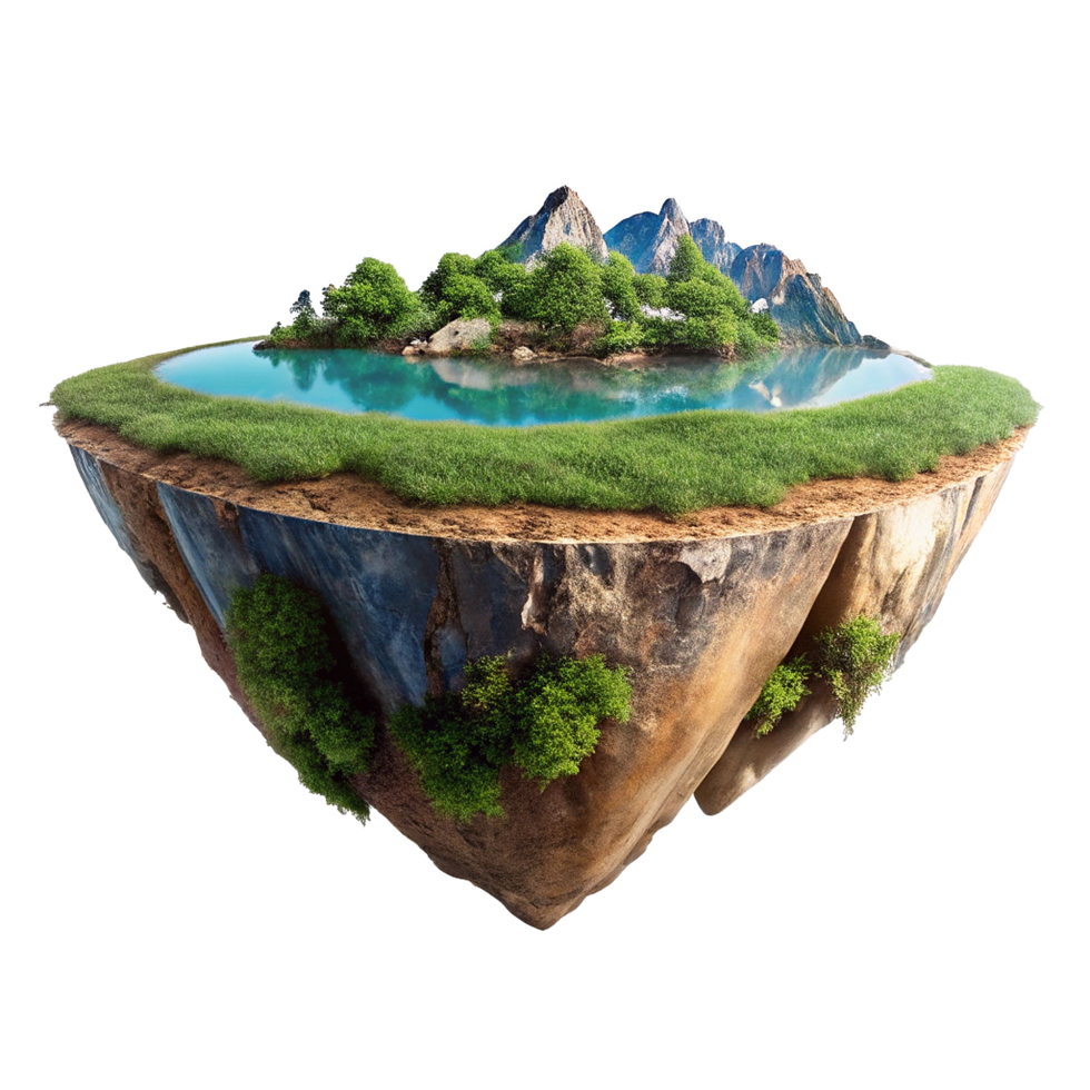 Stunning Aerial View of a Floating Island Paradise with Lush Greenery and Crystal Clear Lake png