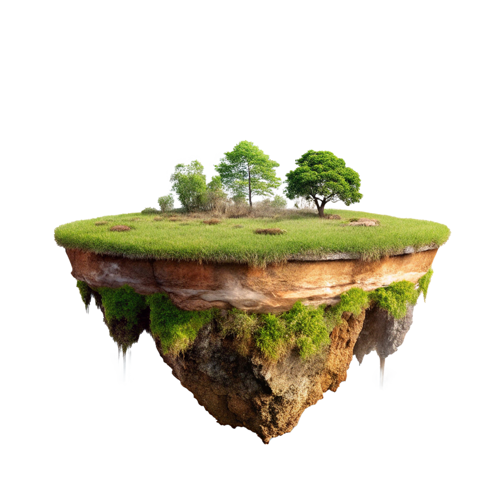 A Surreal Floating Island Ecosystem with Lush Green Grass and Trees png