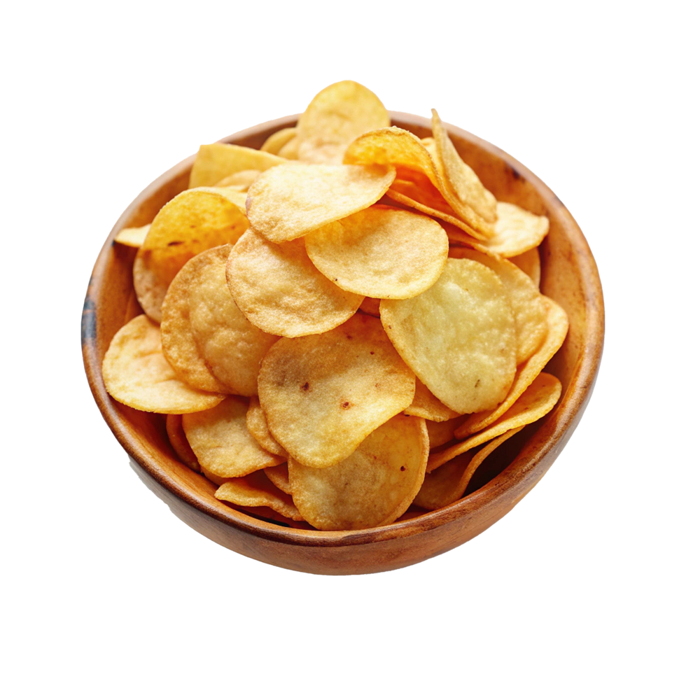 A wooden bowl filled with crispy thin potato chips, a delicious and crunchy snack png