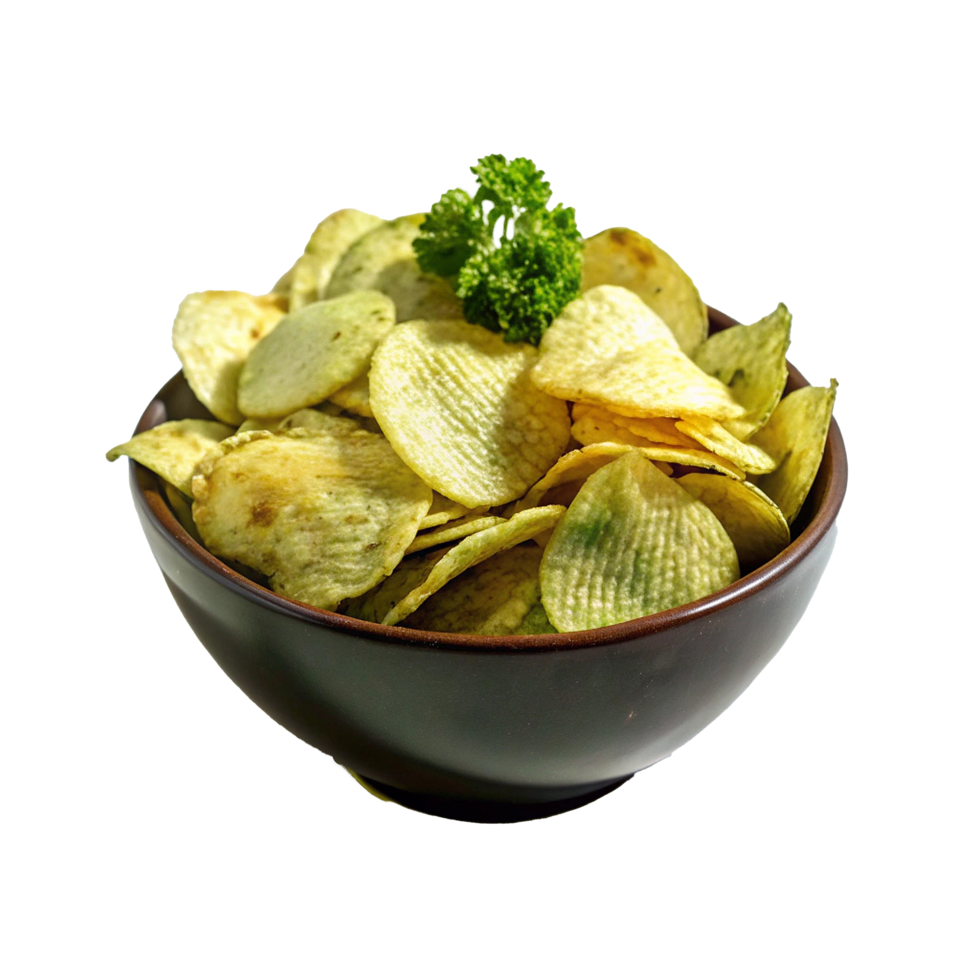 A Bowl of Delicious Crispy Green Potato Chips with Fresh Parsley Garnish png