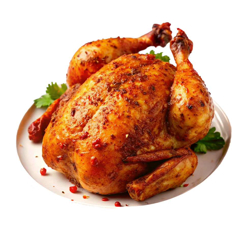 Delicious Roasted Chicken with Crispy Skin and Herb Garnish png