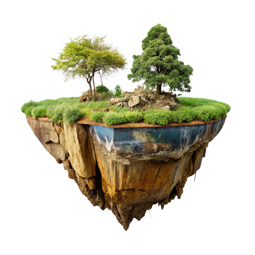 Floating Island Ecosystem with Lush Greenery and Rocky Base png