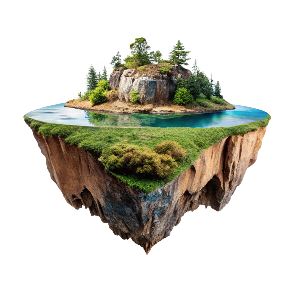 A Stunning Surreal Floating Island Landscape with Lush Greenery and a Tranquil Lake png