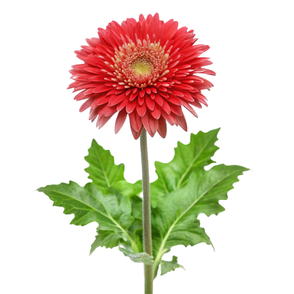 Vibrant Red Gerbera Daisy Flower with Lush Green Leaves on White Background png