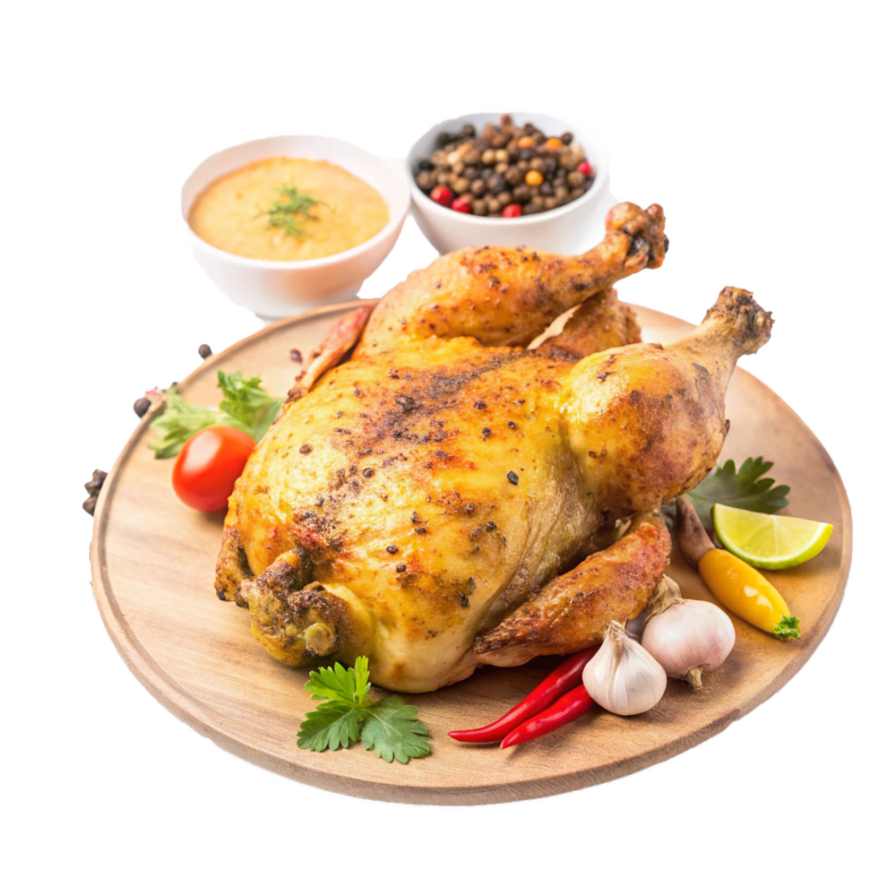 A Delicious Roasted Chicken with Garlic Chili Lime and Herbs on a Wooden Platter png