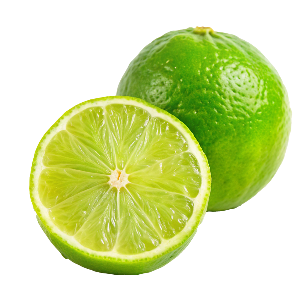 Closeup of a whole lime and a lime cut in half showing the juicy segments png