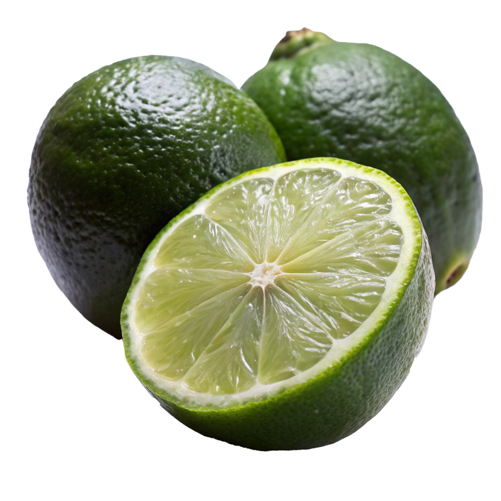 Closeup of a lime cut in half with two whole limes in the background png
