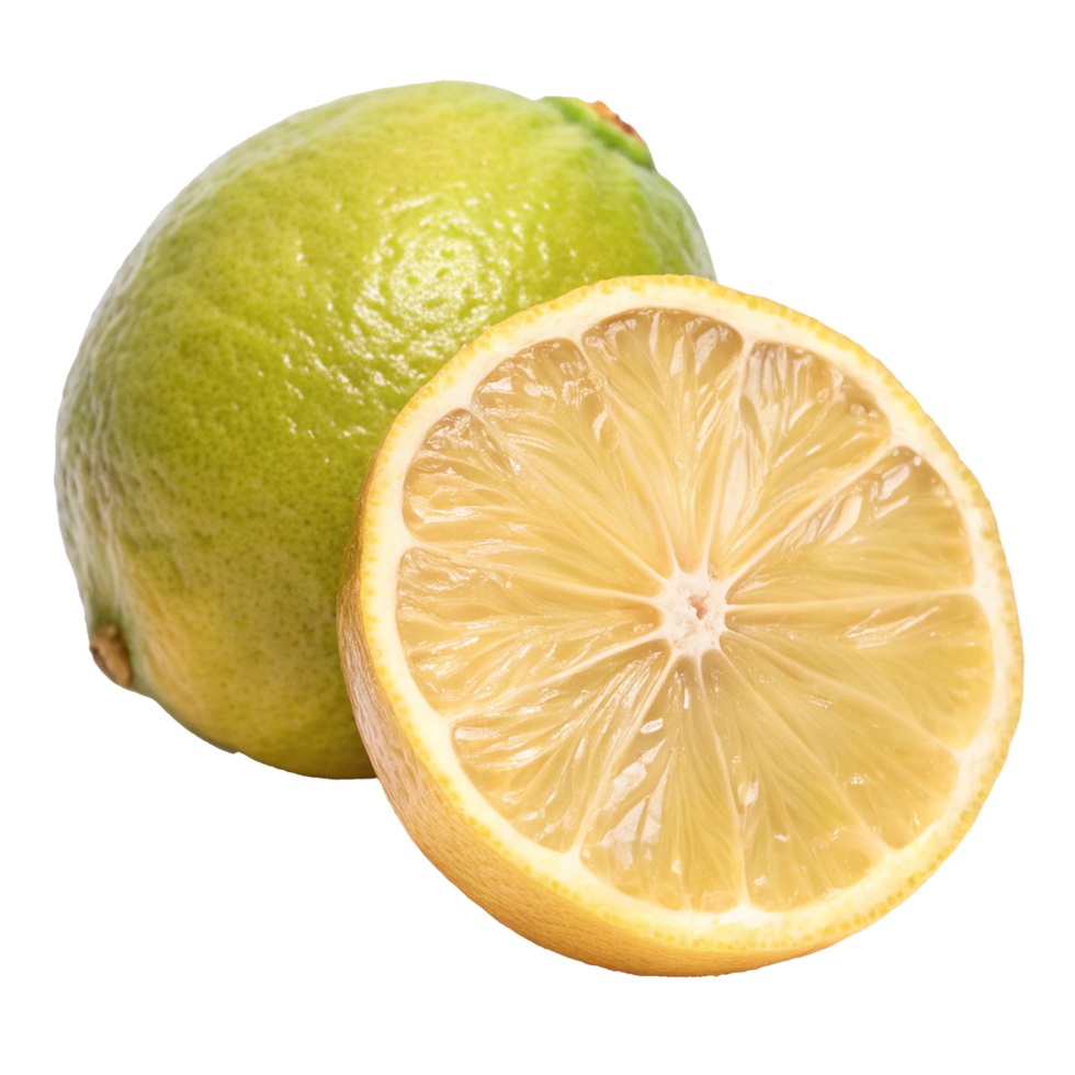 Closeup of a whole lime and a lemon slice showcasing vibrant citrus textures and colors png