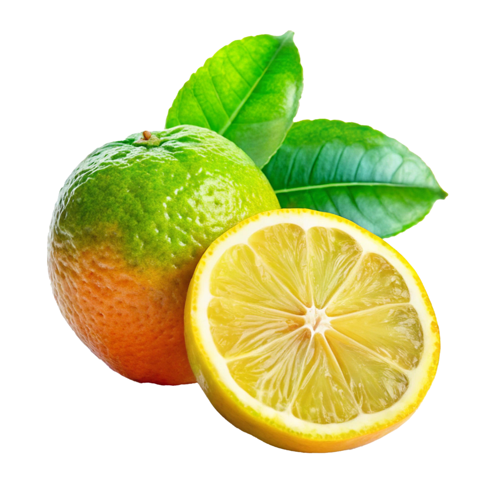 Closeup of a vibrant orange and a juicy lemon half with lush green leaves png